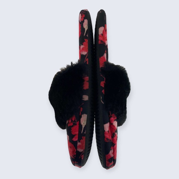 Victoria’s Secret Red Black Floral Rose Black Faux Fur Closed Toe Slipper M - Picture 7 of 8